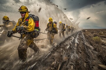 Brigade in action, dousing flames, determination visible, amidst haze and heat. Squad engaged in firefighting, resolve in motion, amid smog and scorching temperatures.