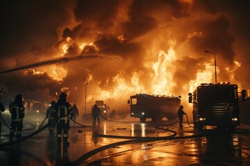 Flames engulf the night sky as silhouettes of firemen and trucks battle a fierce blaze. Bright conflagration dominates evening, with rescue team and vehicles juxtaposed against nature's fury.