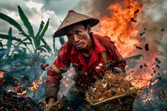 Lone firefighter amidst fiery chaos, traditional hat worn, concentration fierce. Solo flame queller amidst combustion turmoil, classic headgear, intense focus displayed.