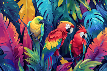 Obraz premium Tropical birds parrots in vivid bright colors