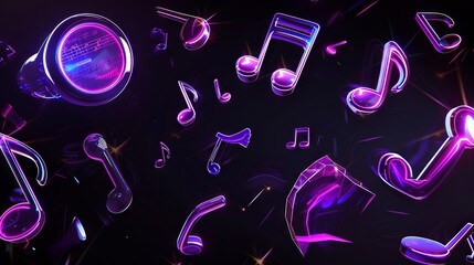 Music notes and symbols on dark background.