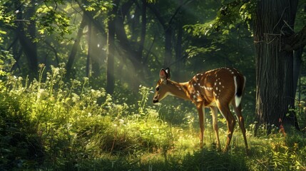 A white-tailed deer stands in the middle of a lush forest, surrounded by tall trees and green foliage. The deer appears alert and is looking around its surroundings.
