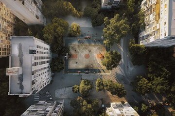 Basketball Pitch in the Downtown Among Residential Buildings. View From Above on a Basketball Field in the City Center