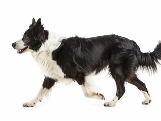 Border Collie walking in front of white background.