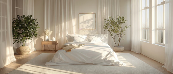 Fototapeta na wymiar Sunny minimalist bedroom with comforting natural light and tranquil greenery