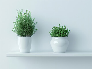 Modern minimalist shelf display with an array of green potted plants and white ceramics