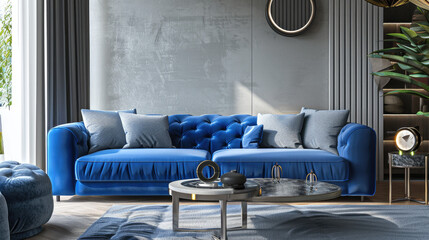 Interior of living room with blue sofa 3d rendering.