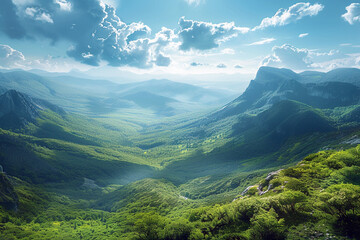 View of green valley from the top of the mountain. Green meadows on the mountain slopes. Generative AI