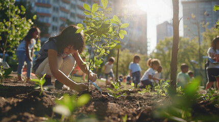 A group of school children planting native trees as part of an environmental project. Concept of conservation and education