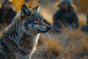 Obraz premium Focused Wolf with Observers in Golden Field.