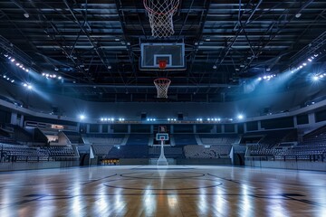 Empty basketball arena, stadium, sports ground with flashlights and fan seats - obrazy, fototapety, plakaty
