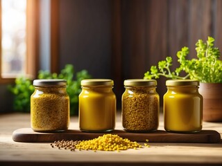 Different types of mustard in small identical spice jars stand on a wooden table in the kitchen. Sunlight. Sunny day, herbs on the background. 
