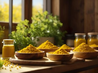 Different types of mustard in natural plates stand on a wooden table in the kitchen. Sunlight. Sunny day, herbs on the background. 
