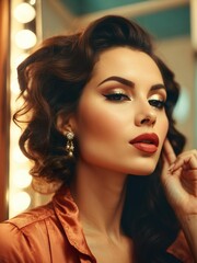Beautiful attractive charming implemented woman with makeup and wavy dark healthy hair. Close-up. Trendy retro treatment. Retro colors.