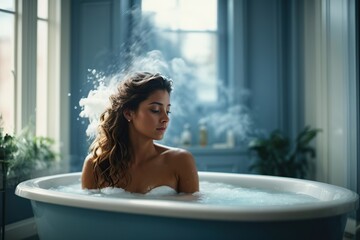 woman terry bath touching bath foam in bathtub - obrazy, fototapety, plakaty