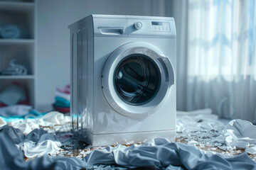 Overflowing Washing Machine with Scattered Clothes. - obrazy, fototapety, plakaty