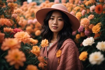 asian woman with a hat around flowers