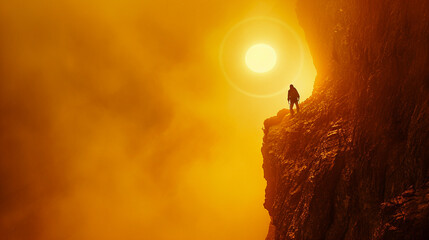 Silhouette of a lone hiker against the bright sun on a misty mountain cliff at sunset