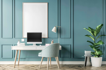 mockup frame. Poster mockup on home office wall in modern design in turquoise color.