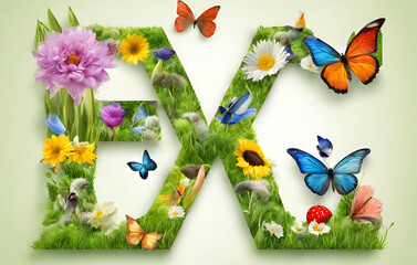 A close up of a letter EX with flowers and a butterfly
