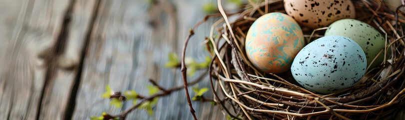 Easter eggs in wicker basket on wooden background with