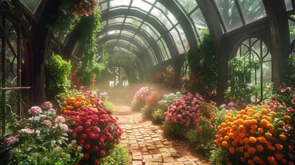 A tranquil path lined with vibrant flowers inside a sunny, glass-roofed greenhouse, embodying a serene botanical atmosphere.