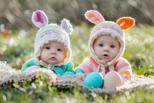 cute little child wearing bunny ears with easter eggs on yellow background