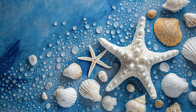 composition of exotic sea shells and starfish on blue background, top view. Summer sea flat lay