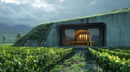 A contemporary winery design integrates seamlessly into the landscape, surrounded by rows of grapevines with a mountain backdrop at dusk.