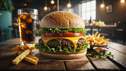 Pub-Style Cheeseburger with Crispy Fries and Cold Soda on Rustic Wooden Table - Powered by Adobe