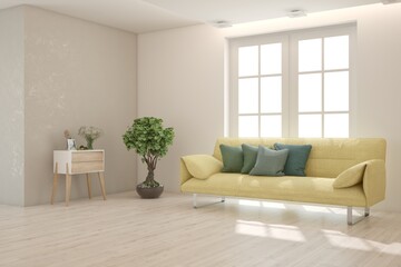 White living room with sofa. Scandinavian interior design. 3D illustration