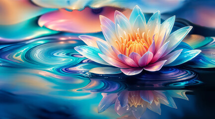 Enchanting beauty of water lily lotus flower in full bloom, delicate petals and gracefully floating atop the still water - serene and harmonious symbol of enlightenment in watercolor style art.