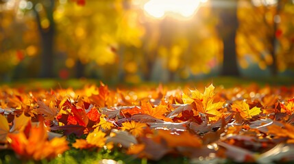 Sunny autumn day, vibrant leaves falling in a peaceful forest, seasonal beauty
