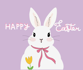 Vector illustration of Happy Easter, easter white rabbit, spring flowers on a violet background, dandelion flowers