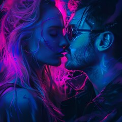  In the world of cyberpunk, a beautiful couple is gently hugging, surrounded by bright neon colors, creating an atmosphere of futuristic romance.
