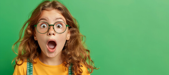 A young girl with glasses is looking surprised. The image has a bright and cheerful mood. Excited, shock, omg wow expression. Shocked surprised funny school kid girl in glasses looking at camera.