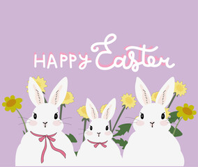 Vector illustration of Happy Easter, easter white rabbit, spring flowers on a violet background, dandelion flowers