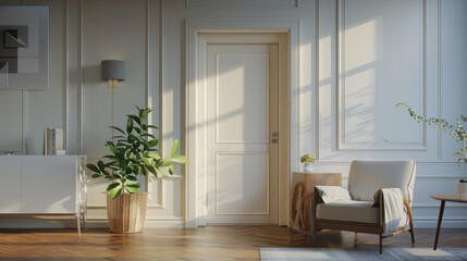 Modern living room interior with door 3d rendering.