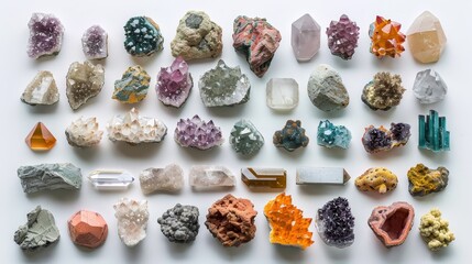 An extensive and varied collection of unique crystals and minerals, showcasing an impressive range of colors, shapes, and sizes on a bright background.