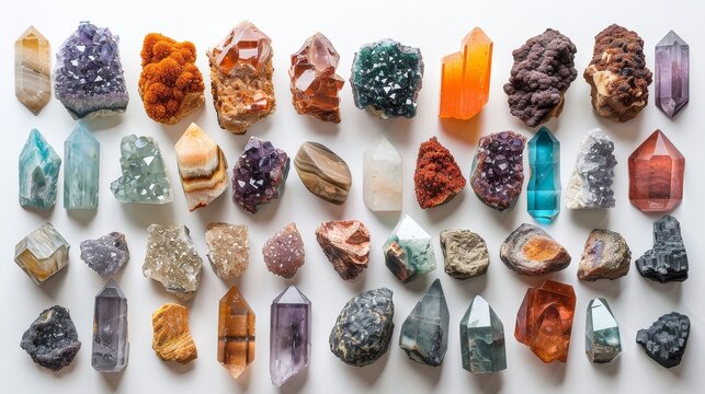 An extensive and varied array of colorful crystals and minerals, beautifully arranged, showcasing their natural geometric forms and hues.
