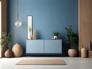 Photo blue wall entryway and modern cabinet in room - 3d rendering By Alim Graphic