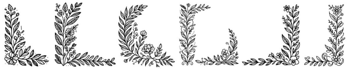 decorated leafy and floral corners ornamental wreaths and braided floral garlands minimalist doodle style hand-drawn plants black vector - obrazy, fototapety, plakaty
