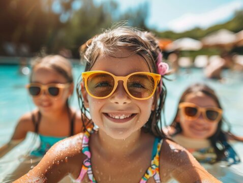 girl and friend plays with rubber rings in a pool at resort. Summer vacation concept. - Powered by Adobe