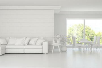 Grey living room concept with sofa and summer landscape in window. Scandinavian interior design. 3D illustration