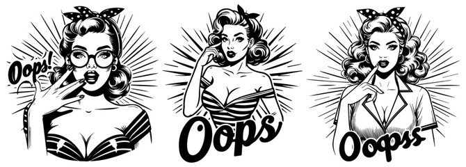 frightened pin-up girls saying "Oops" in daring skimpy outfits black vector