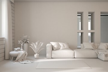 Naklejka premium Grey living room concept with sofa. 3D illustration