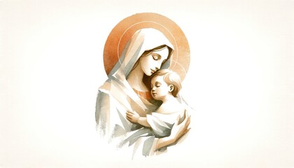 Motherhood. Mother Mary with baby Jesus, digital drawn illustration on neutral background.