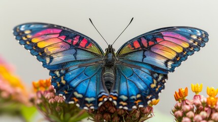 Obraz premium Close-up of a colorful blue butterfly with spread wings perched on a cluster of vibrant flowers.