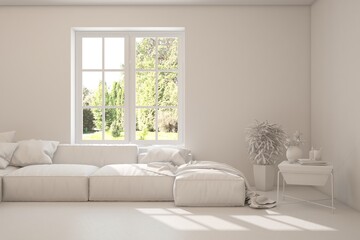 Grey living room concept with sofa and summer landscape in window. Scandinavian interior design. 3D illustration