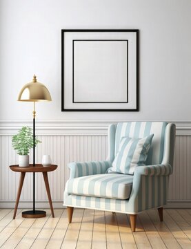 Mockup of an empty blank poster frame in a classic living room with striped wallpaper, a light armchair in vintage style, rendered in a photorealistic manner. home interior background mock up frame.